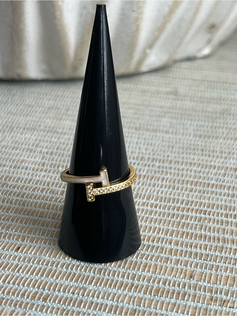 Adjustable Gold white/cream  T-Bar Crystal ring